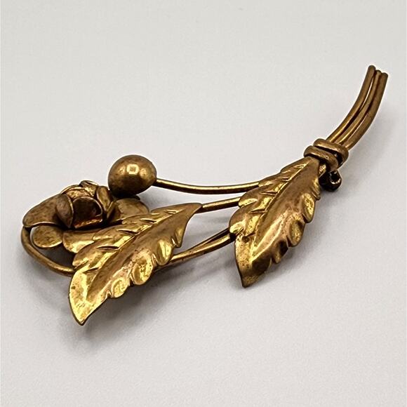 Vintage 1940s Floral Brooch Gold Tone Slender Long Stem Flower Pin 3.25" - Picture 4 of 9